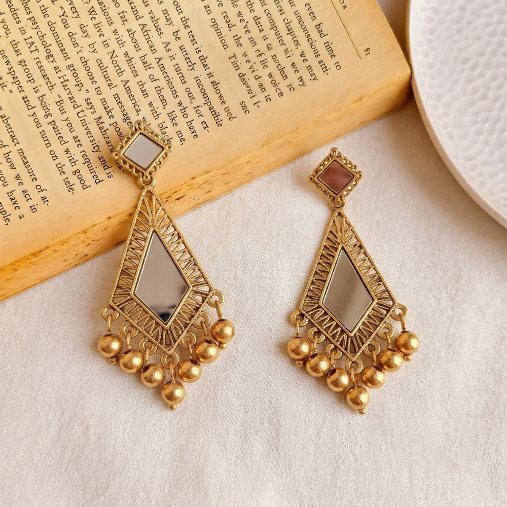 The99Jewel Traditional Antique Gold Plated  Mirror Stone Earrings for Women