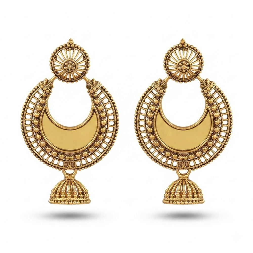 The99Jewel Traditional Antique Gold Plated  Mirror Stone Jhumki Earrings for Women