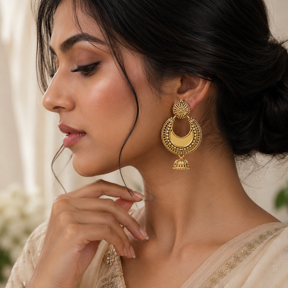 The99Jewel Traditional Antique Gold Plated  Mirror Stone Jhumki Earrings for Women