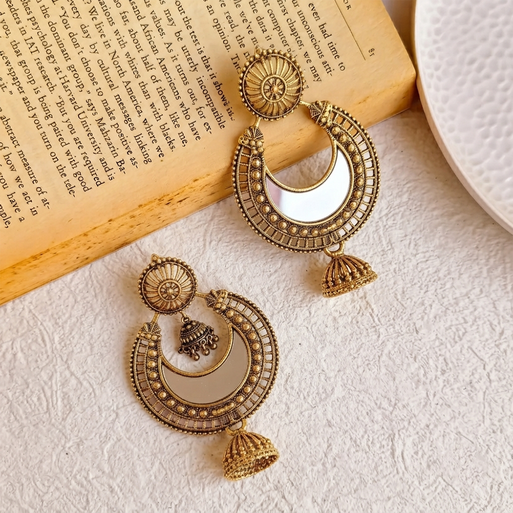 The99Jewel Traditional Antique Gold Plated  Mirror Stone Jhumki Earrings for Women