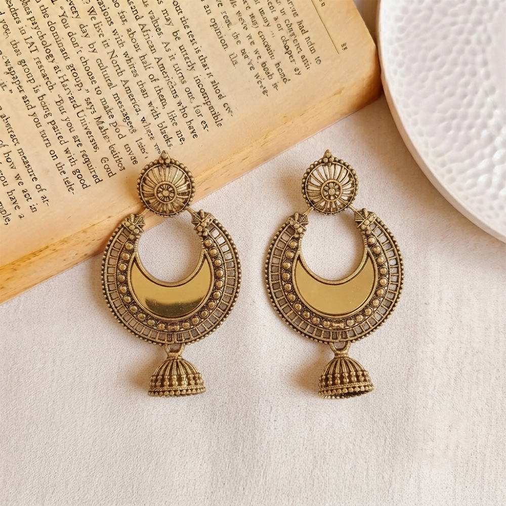 The99Jewel Traditional Antique Gold Plated  Mirror Stone Jhumki Earrings for Women