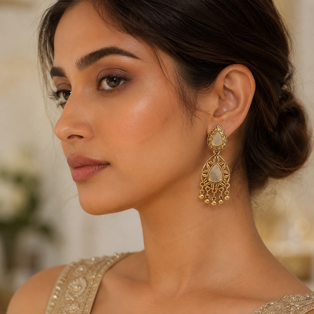 The99Jewel Traditional Antique Gold Plated  Mirror Stone Earrings for Women