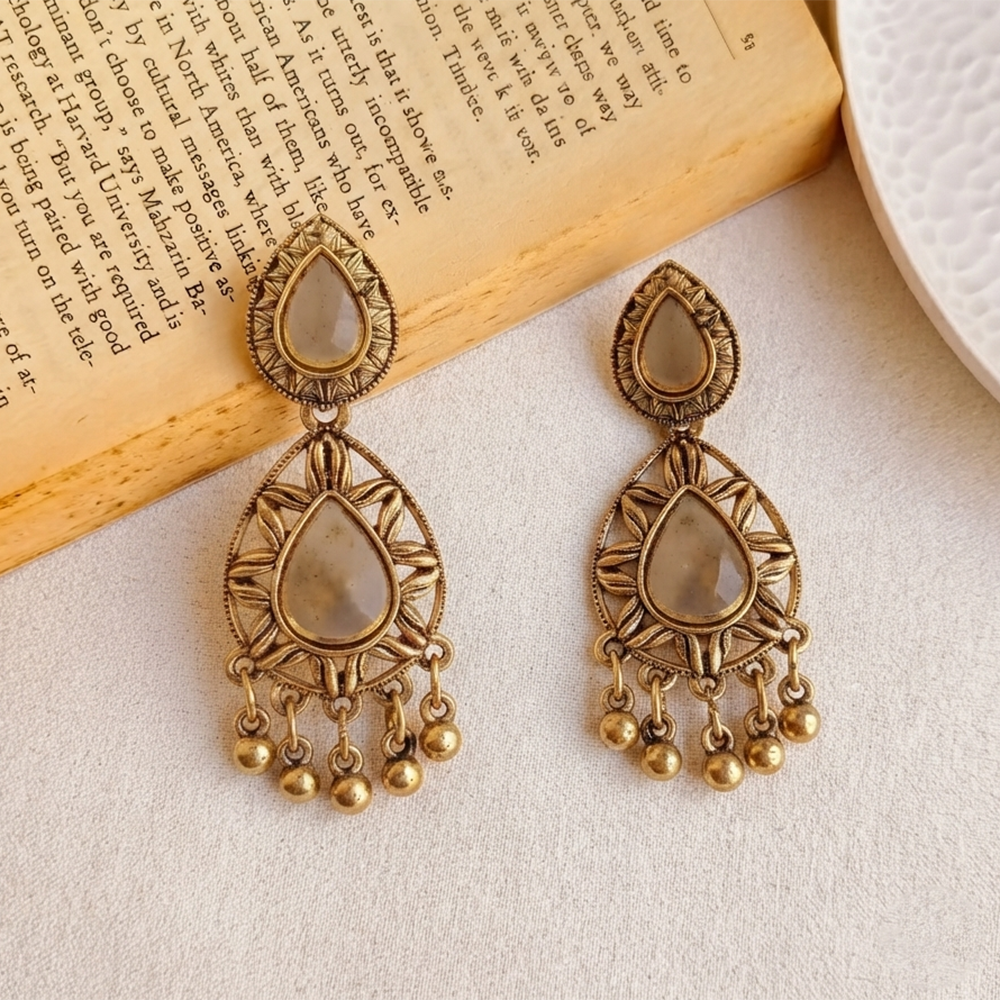 The99Jewel Traditional Antique Gold Plated  Mirror Stone Earrings for Women
