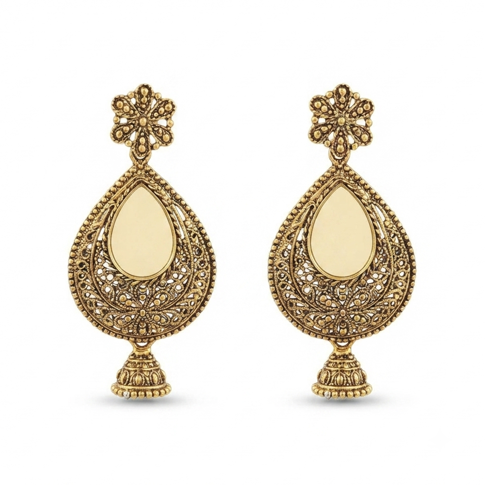 The99Jewel Traditional Antique Gold Plated  Mirror Stone Jhumki Earrings for Women