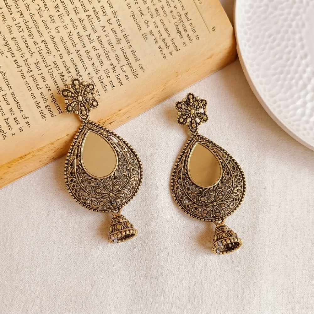 The99Jewel Traditional Antique Gold Plated  Mirror Stone Jhumki Earrings for Women