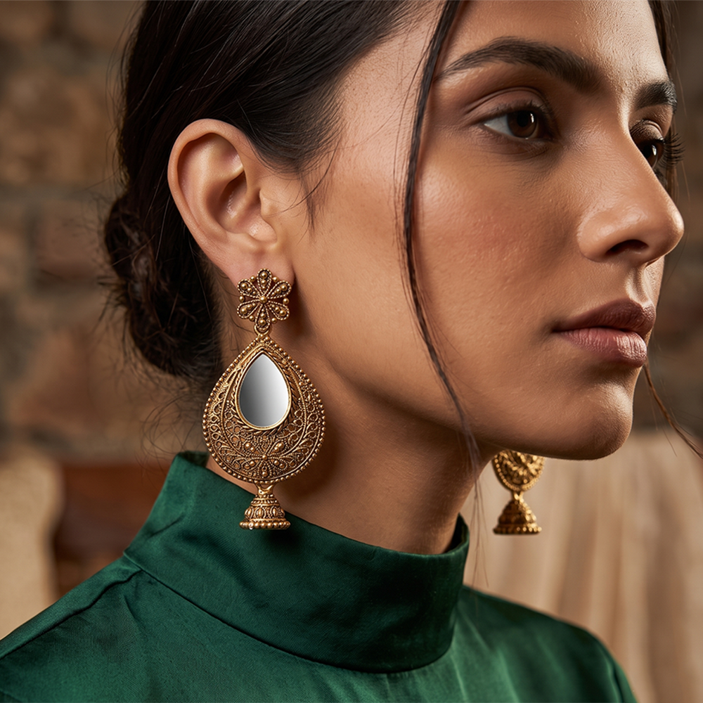 The99Jewel Traditional Antique Gold Plated  Mirror Stone Jhumki Earrings for Women
