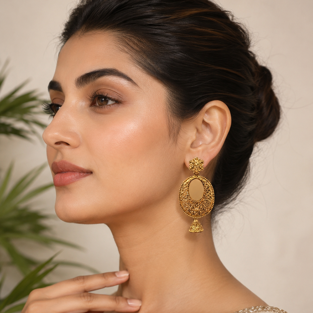 The99Jewel Traditional Antique Gold Plated  Mirror Stone Jhumki Earrings for Women