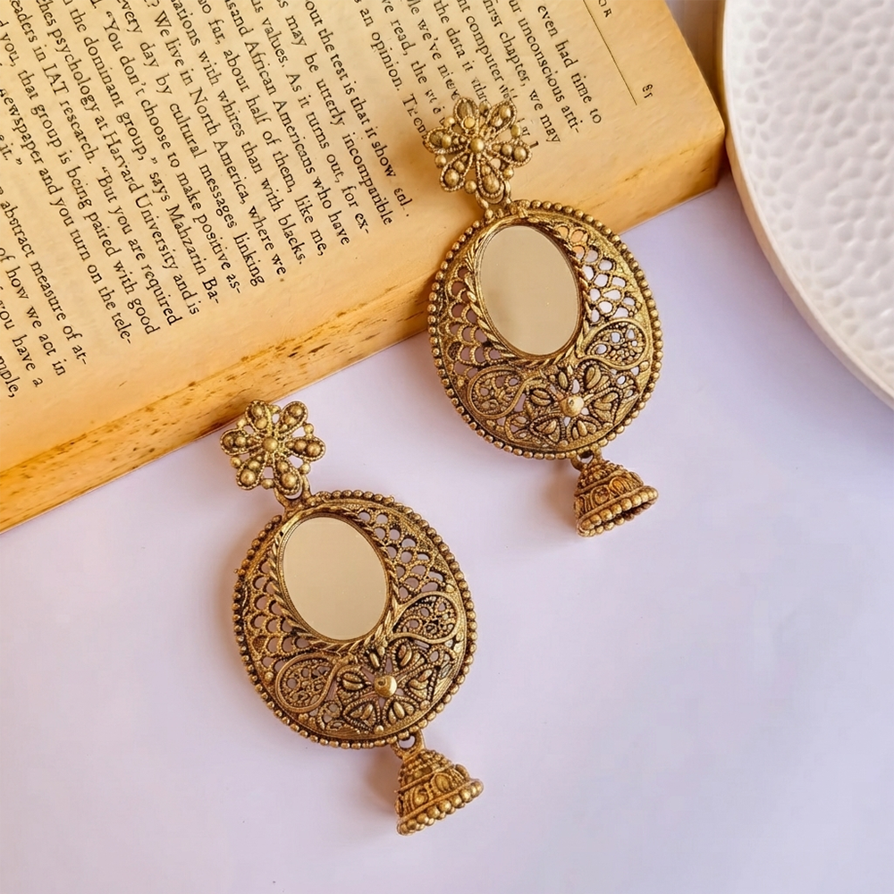 The99Jewel Traditional Antique Gold Plated  Mirror Stone Jhumki Earrings for Women