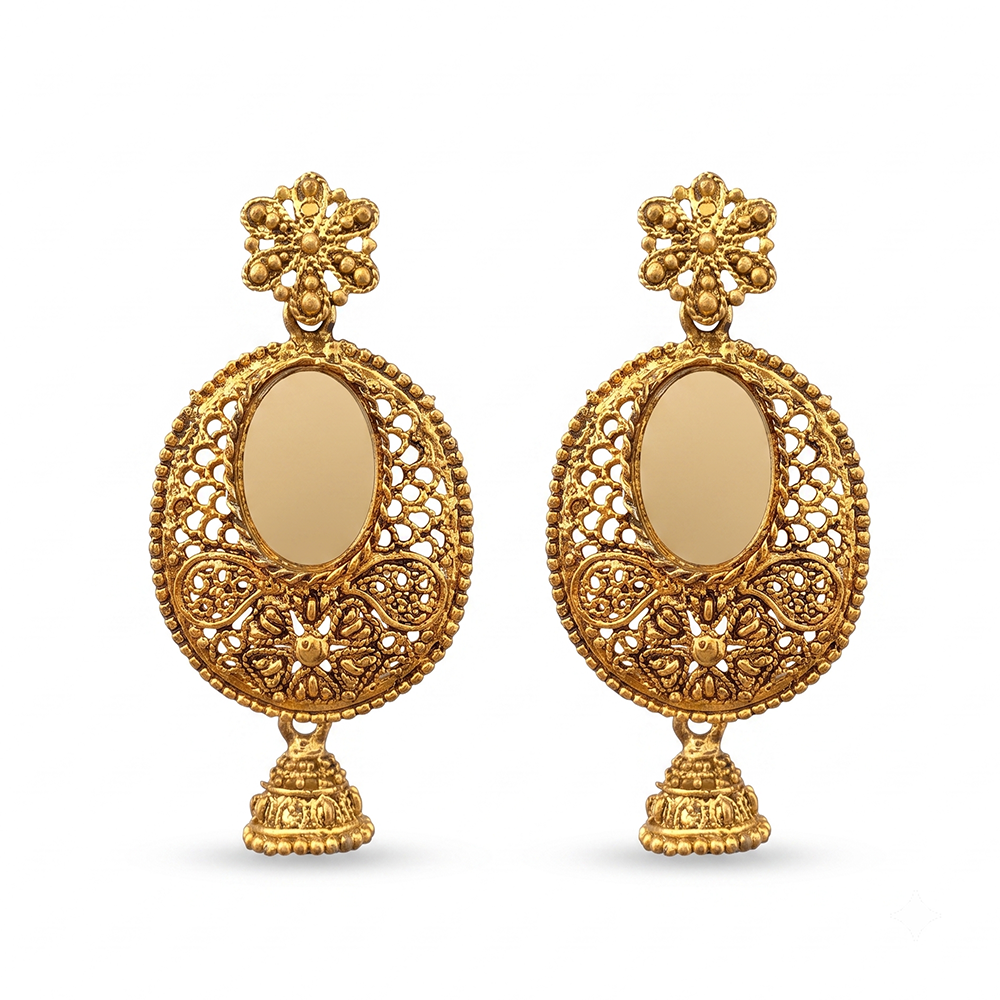 The99Jewel Traditional Antique Gold Plated  Mirror Stone Jhumki Earrings for Women