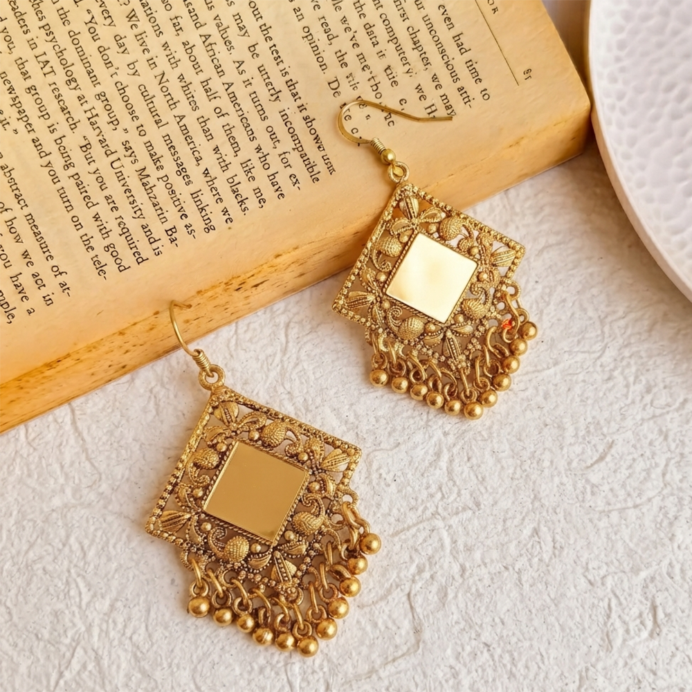 The99Jewel Traditional Antique Gold Plated  Mirror Stone  Earrings for Women