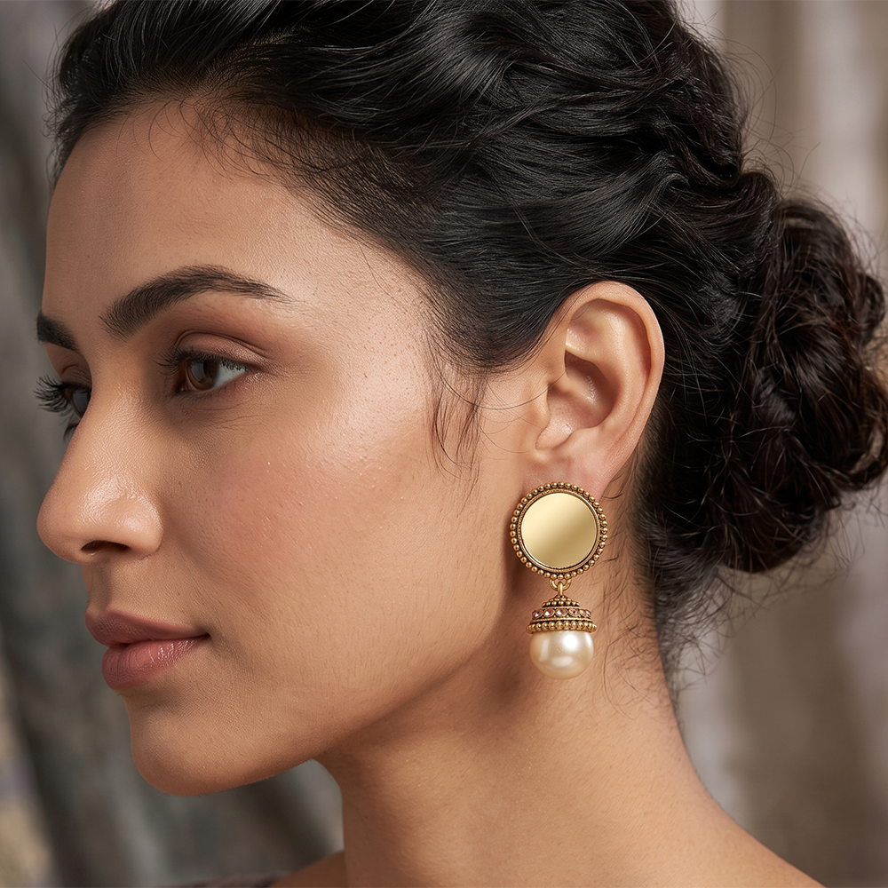 The99Jewel Traditional Antique Gold Plated  Mirror Stone & Pearl Earrings for Women