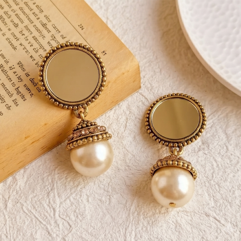 The99Jewel Traditional Antique Gold Plated  Mirror Stone & Pearl Earrings for Women