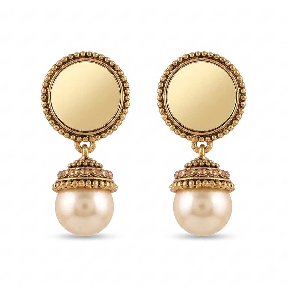 The99Jewel Traditional Antique Gold Plated  Mirror Stone & Pearl Earrings for Women