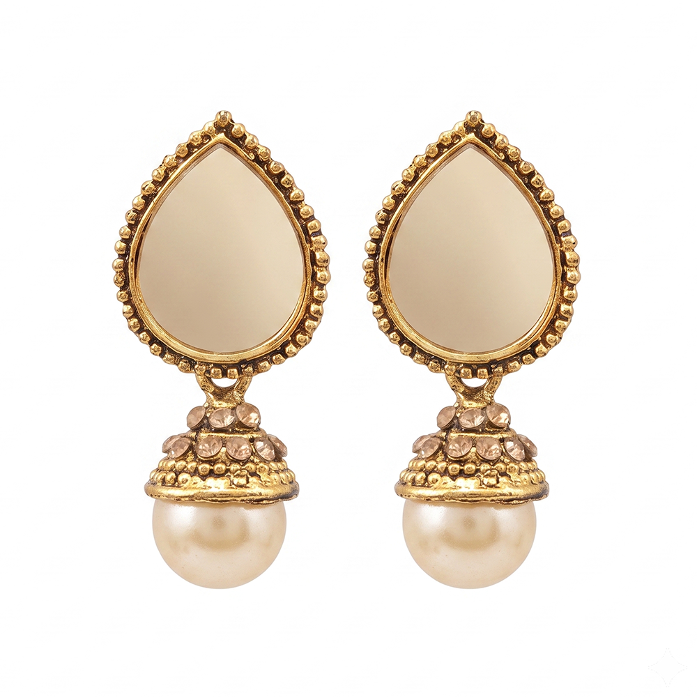 The99Jewel Traditional Antique Gold Plated  Mirror Stone & Pearl Earrings for Women
