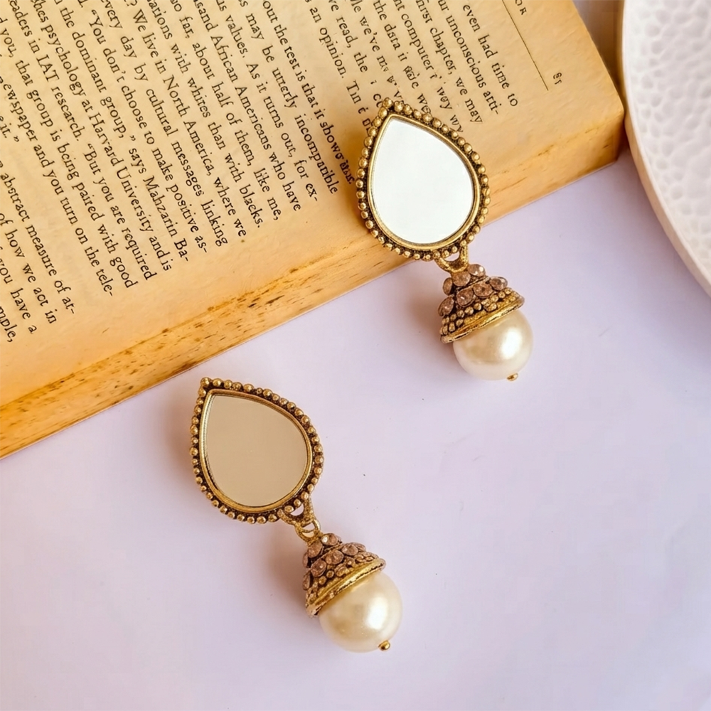 The99Jewel Traditional Antique Gold Plated  Mirror Stone & Pearl Earrings for Women