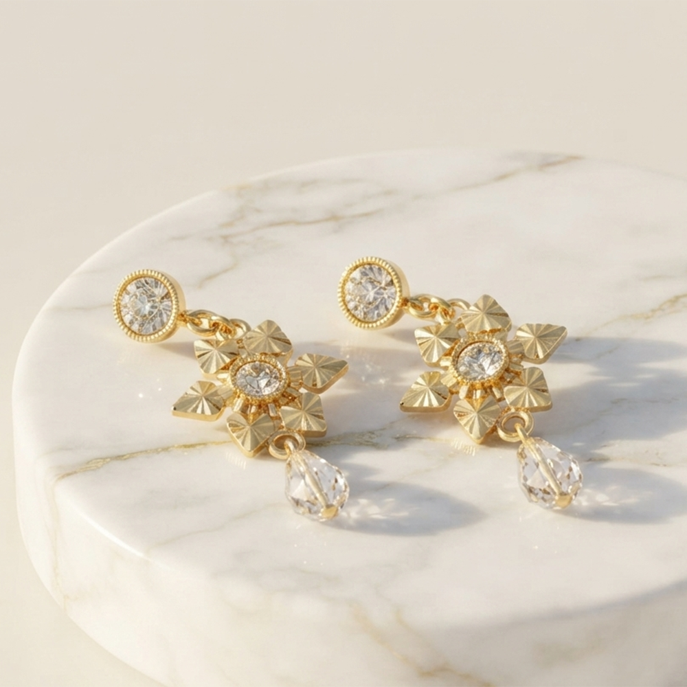 The99Jewel Magnificent Gold Plated Floral Shape Dangler Earrings With Crystal Stone for Women