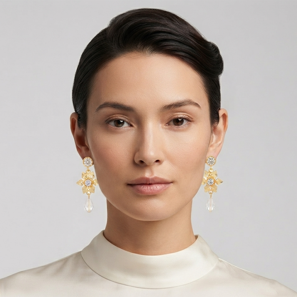 The99Jewel Magnificent Gold Plated Floral Shape Dangler Earrings With Crystal Stone for Women