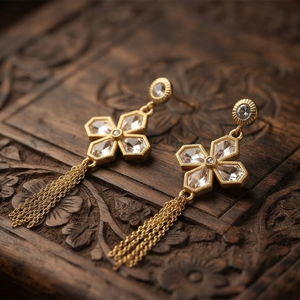 The99Jewel Magnificent Gold Plated Floral Shape Dangler Earrings With Crystal Stone for Women