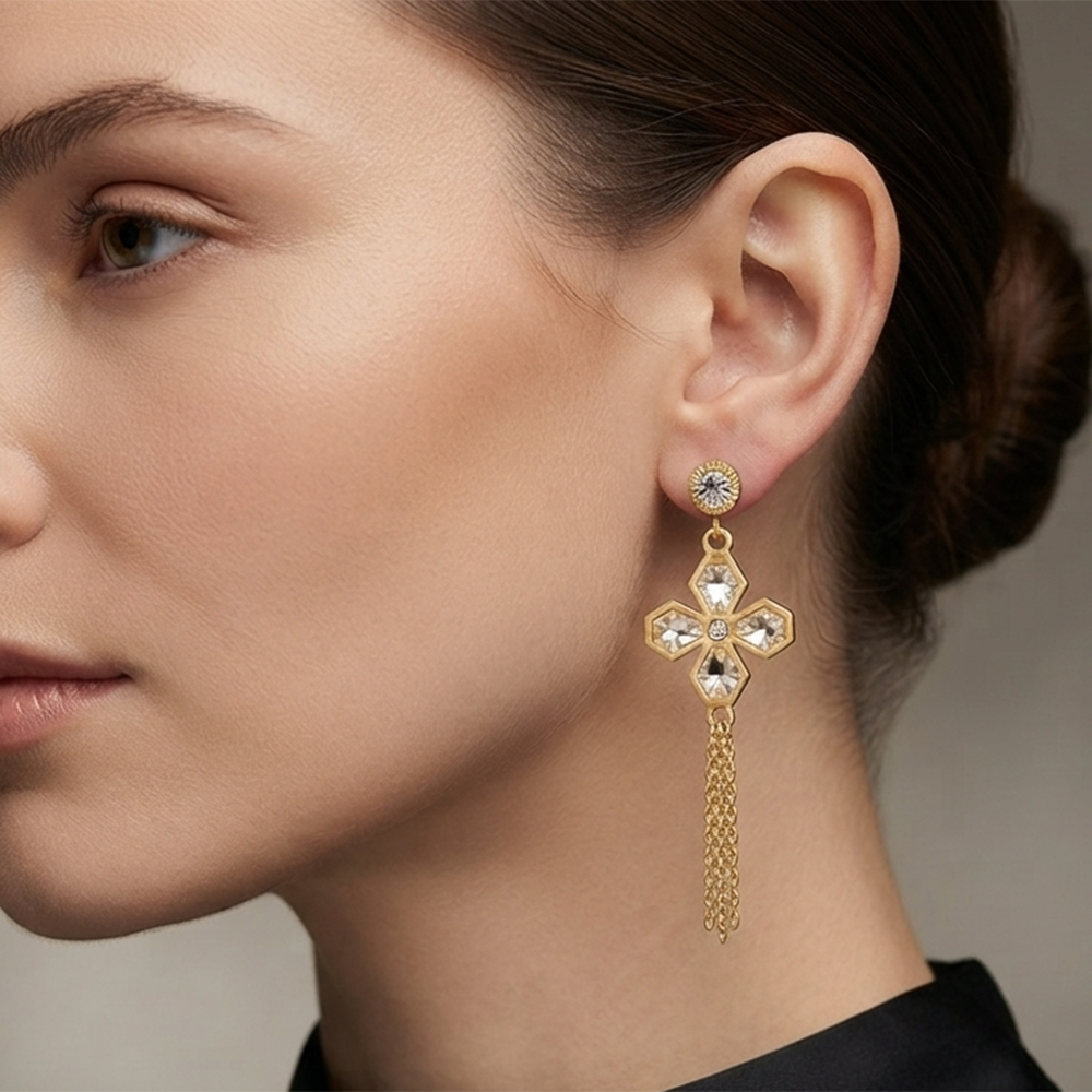 The99Jewel Magnificent Gold Plated Floral Shape Dangler Earrings With Crystal Stone for Women