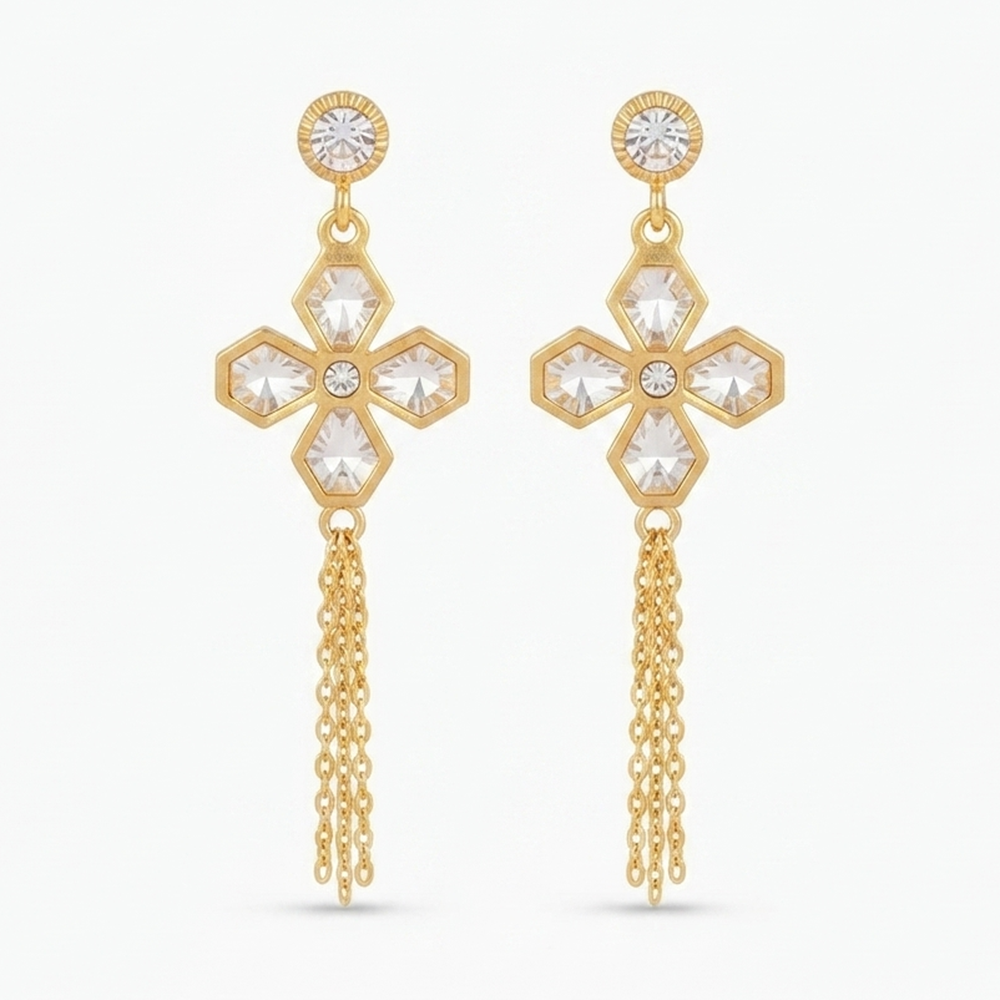 The99Jewel Magnificent Gold Plated Floral Shape Dangler Earrings With Crystal Stone for Women