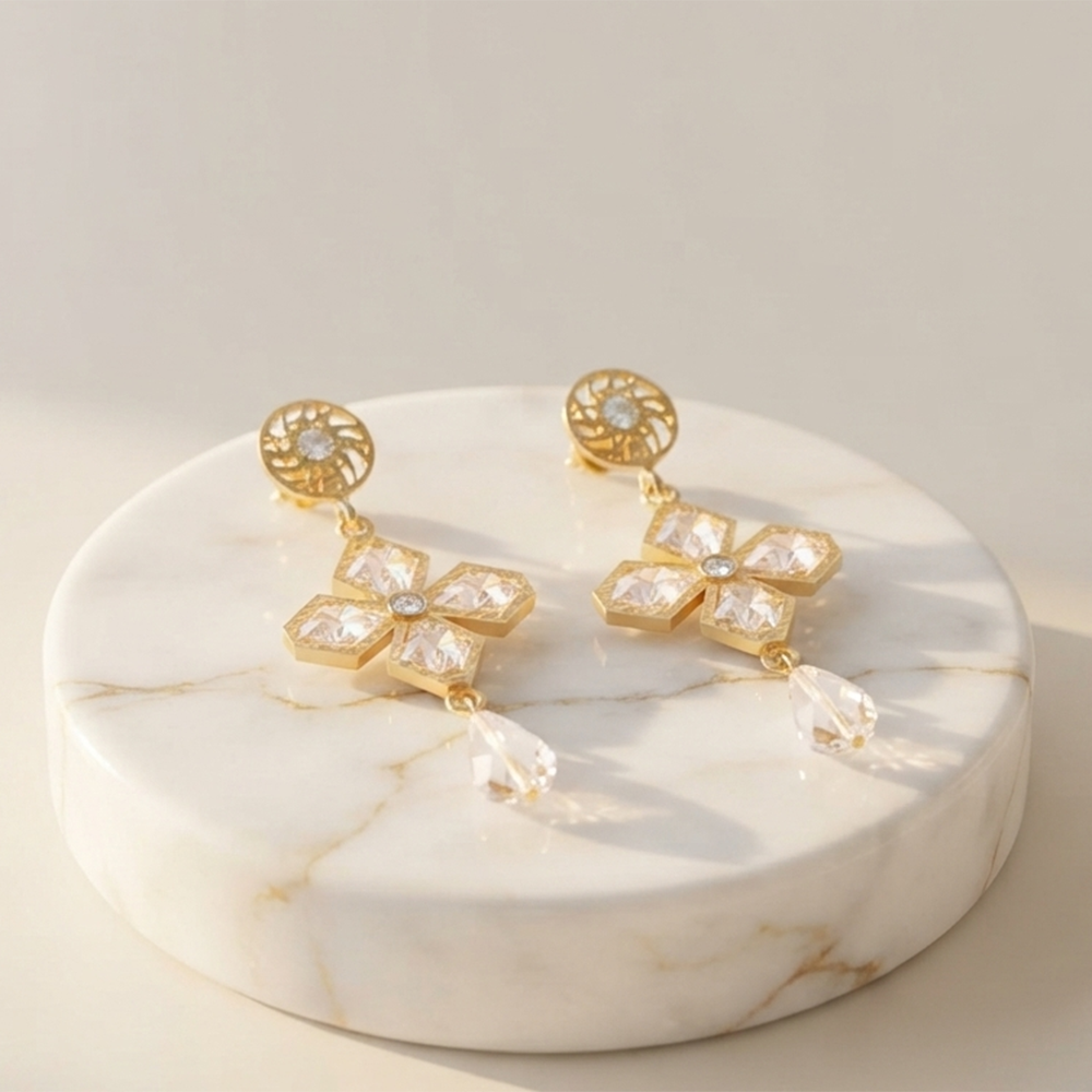 The99Jewel Magnificent Gold Plated Floral Shape Dangler Earrings With Crystal Stone for Women