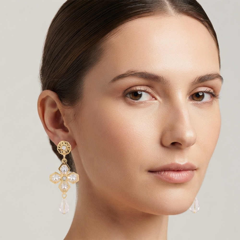 The99Jewel Magnificent Gold Plated Floral Shape Dangler Earrings With Crystal Stone for Women
