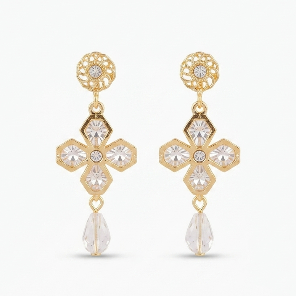 The99Jewel Magnificent Gold Plated Floral Shape Dangler Earrings With Crystal Stone for Women