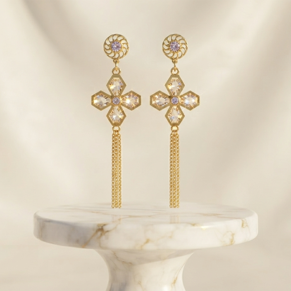 The99Jewel Magnificent Gold Plated Floral Shape Dangler Earrings With Crystal Stone for Women