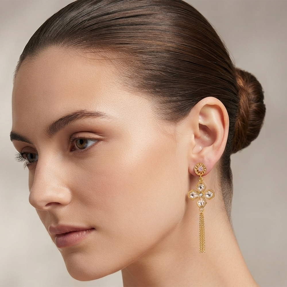 The99Jewel Magnificent Gold Plated Floral Shape Dangler Earrings With Crystal Stone for Women