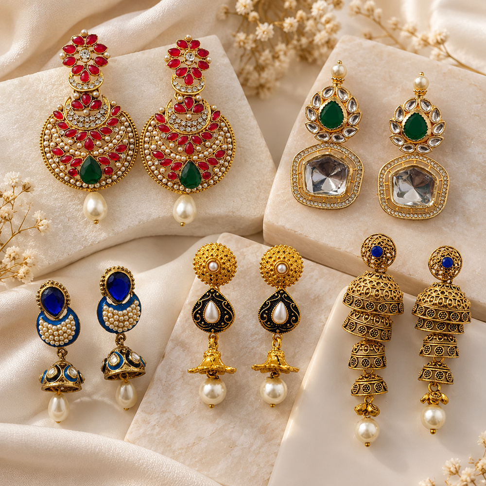 The99Jewel Traditional Gold Plated Earrings Combo Pack of 5 | Wedding & Party Wear Accessories