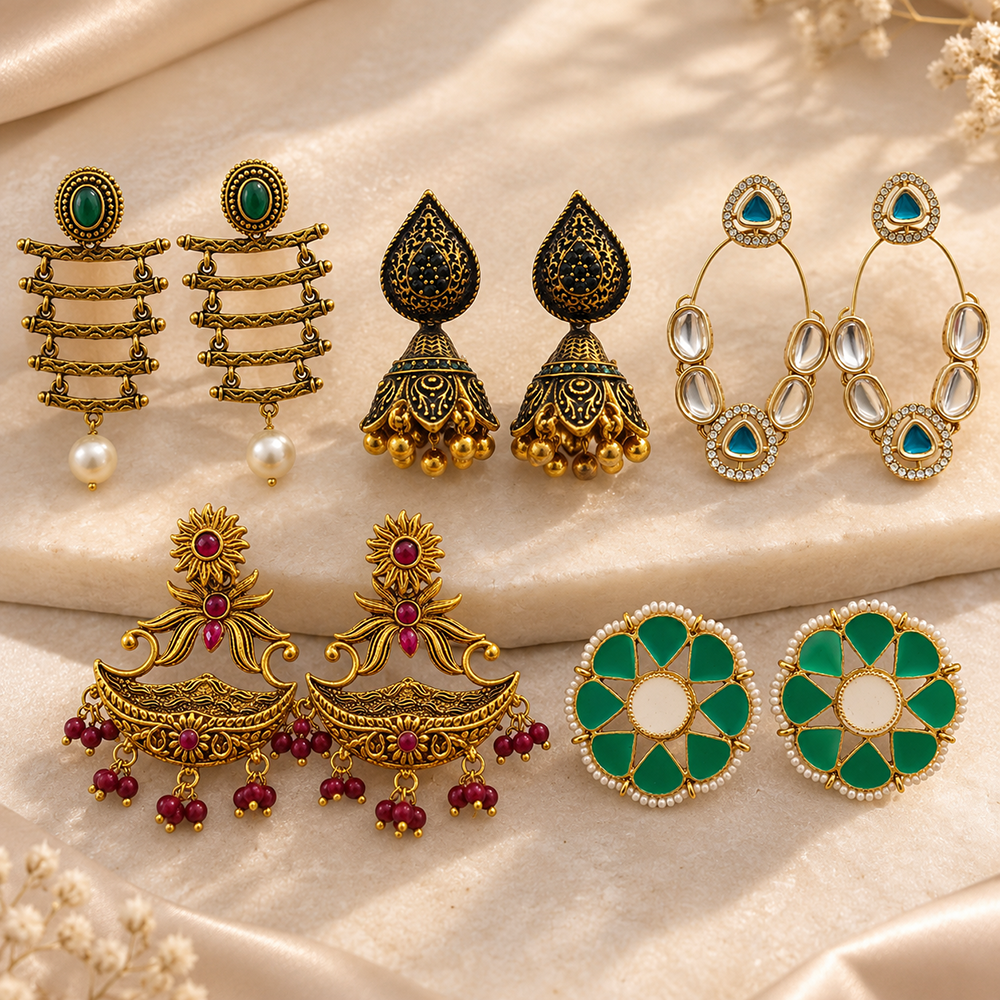 The99Jewel Traditional Gold Plated Earrings Combo Pack of 5 | Wedding & Party Wear Accessories