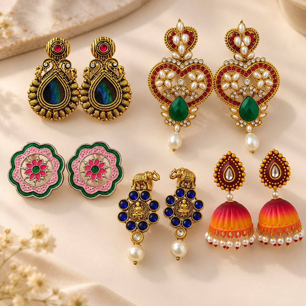 The99Jewel Traditional Gold Plated Earrings Combo Pack of 5 | Wedding & Party Wear Accessories