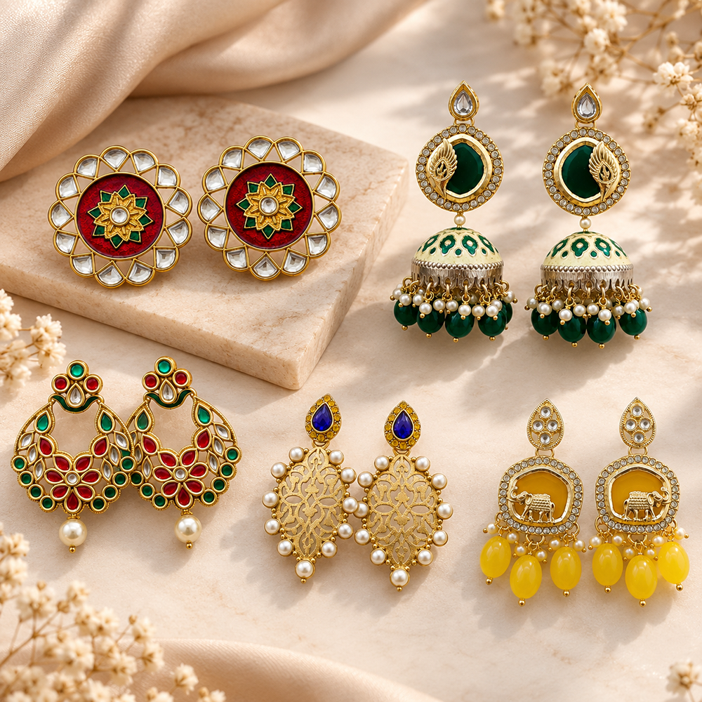 The99Jewel Traditional Gold Plated Earrings Combo Pack of 5 | Wedding & Party Wear Accessories
