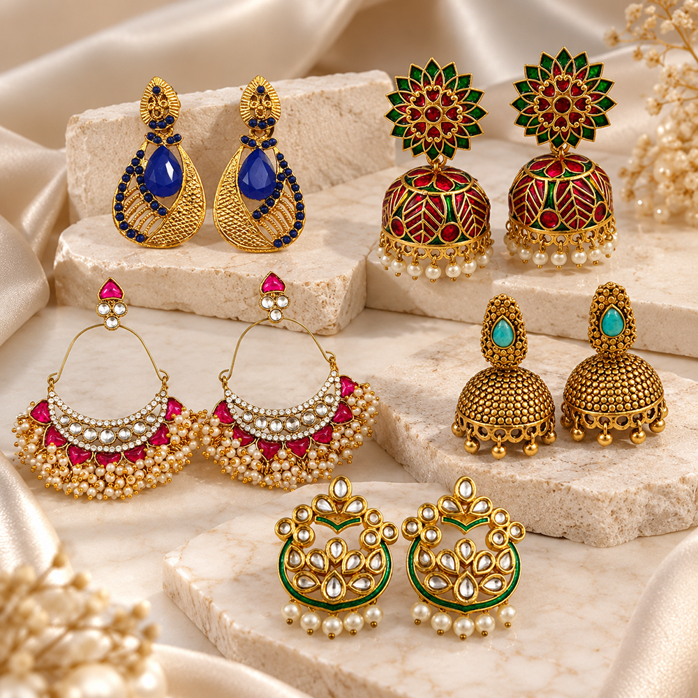The99Jewel Traditional Gold Plated Earrings Combo Pack of 5 | Wedding & Party Wear Accessories