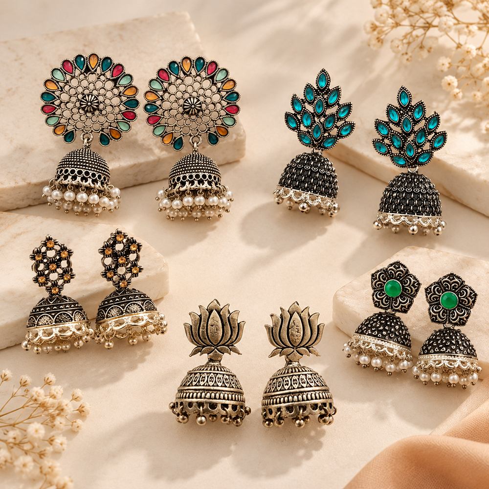 The99Jewel Beautiful Gold Plated Earrings Collection | 5-Pair Festive & Ethnic Jewellery Combo