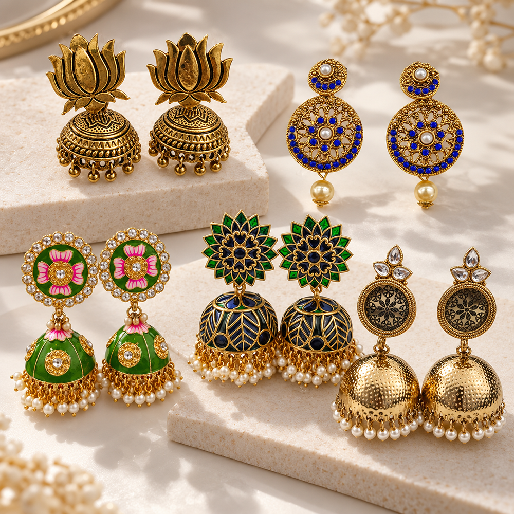 The99Jewel Beautiful Gold Plated Earrings Collection | 5-Pair Festive & Ethnic Jewellery Combo