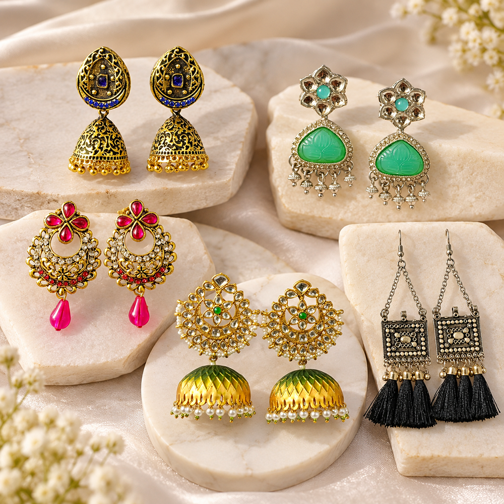 The99Jewel Beautiful Gold Plated Earrings Collection | 5-Pair Festive & Ethnic Jewellery Combo