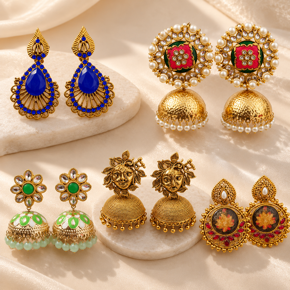 The99Jewel Beautiful Gold Plated Earrings Collection | 5-Pair Festive & Ethnic Jewellery Combo