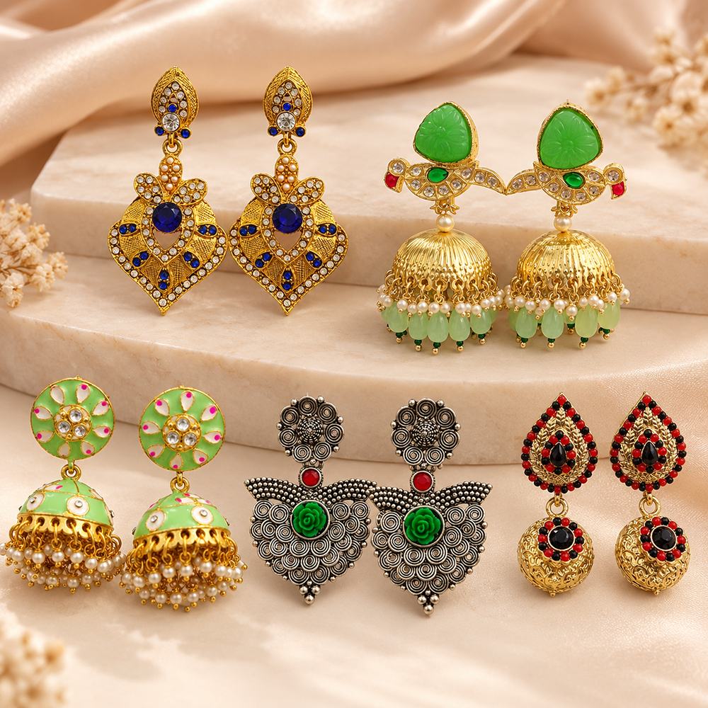 The99Jewel Beautiful Gold Plated Earrings Collection | 5-Pair Festive & Ethnic Jewellery Combo