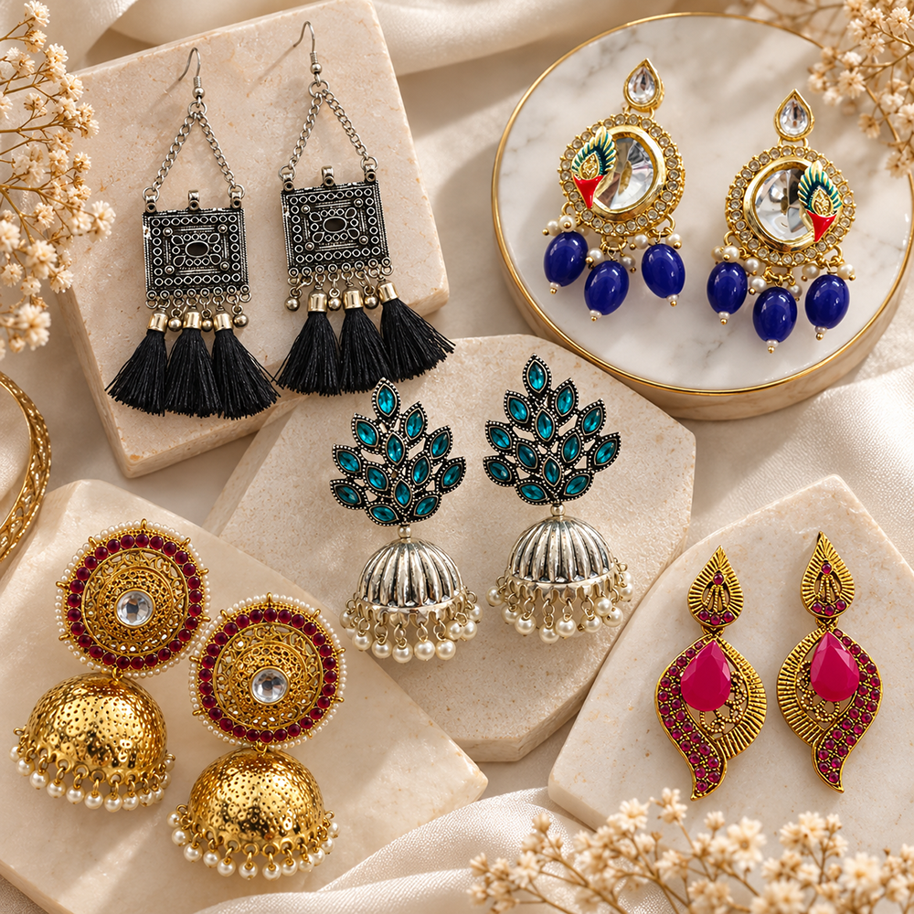 The99Jewel Beautiful Gold Plated Earrings Collection | 5-Pair Festive & Ethnic Jewellery Combo