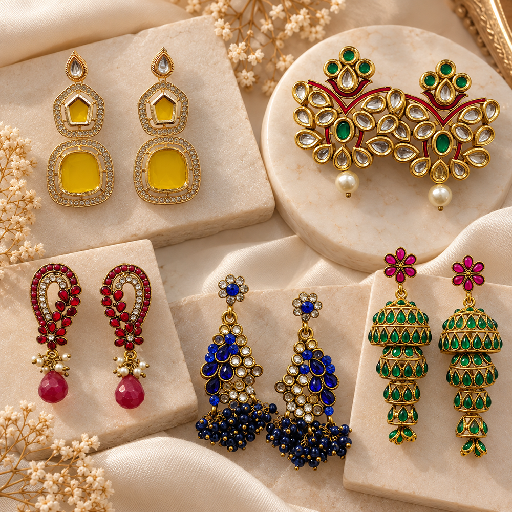 The99Jewel Multi-Design Gold Plated Earrings Set of 5 Pairs | Traditional Indian Jewellery Collection