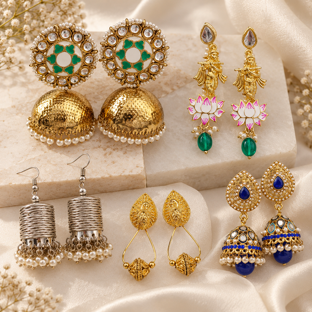 The99Jewel Multi-Design Gold Plated Earrings Set of 5 Pairs | Traditional Indian Jewellery Collection