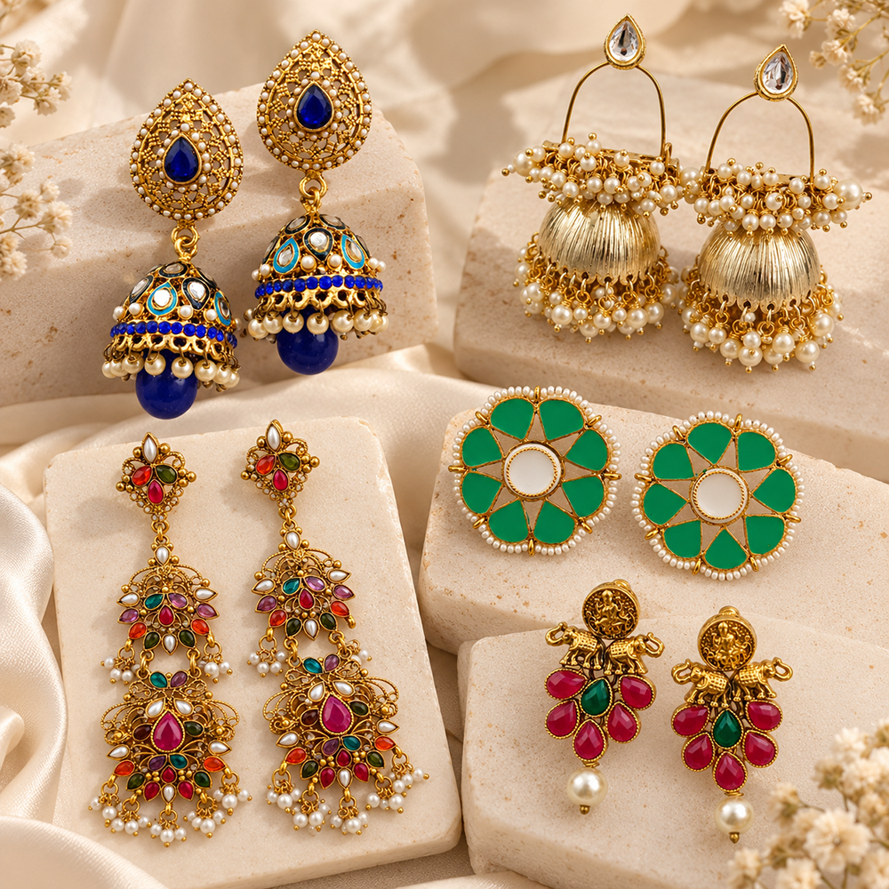 The99Jewel Multi-Design Gold Plated Earrings Set of 5 Pairs | Traditional Indian Jewellery Collection