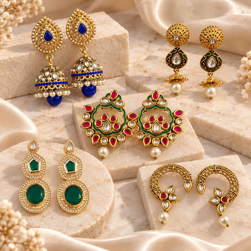 The99Jewel Multi-Design Gold Plated Earrings Set of 5 Pairs | Traditional Indian Jewellery Collection