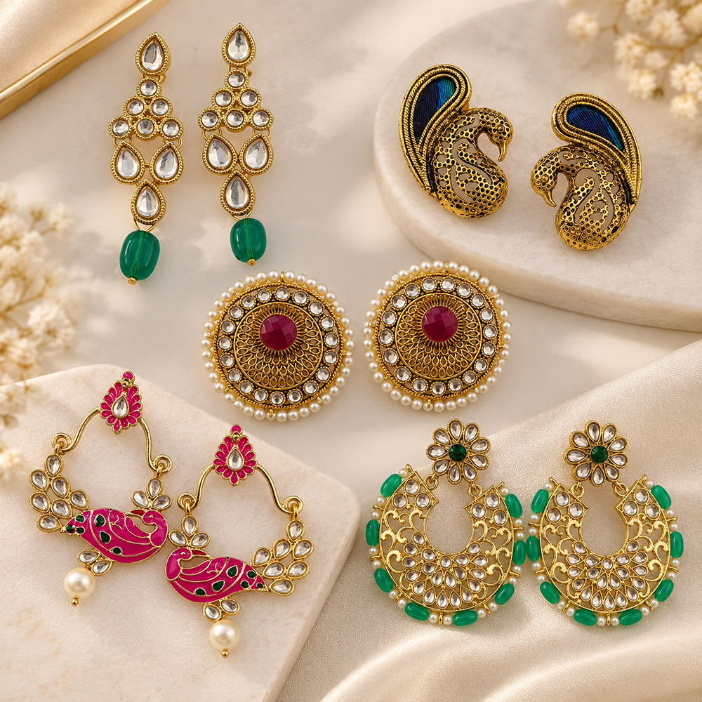 The99Jewel Multi-Design Gold Plated Earrings Set of 5 Pairs | Traditional Indian Jewellery Collection