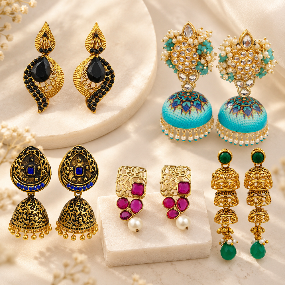 The99Jewel Multi-Design Gold Plated Earrings Set of 5 Pairs | Traditional Indian Jewellery Collection