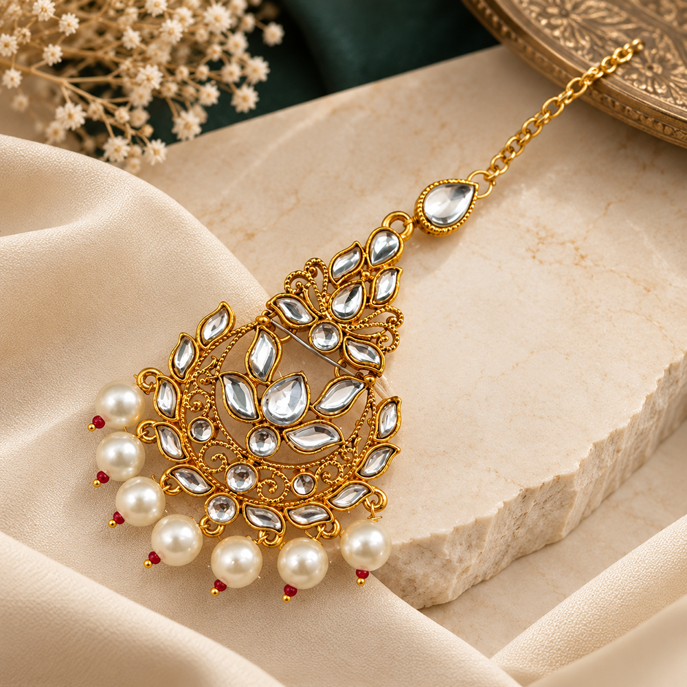 The99Jewel Beautiful Traditional Kundan and Pearl Maang Tikka for Women