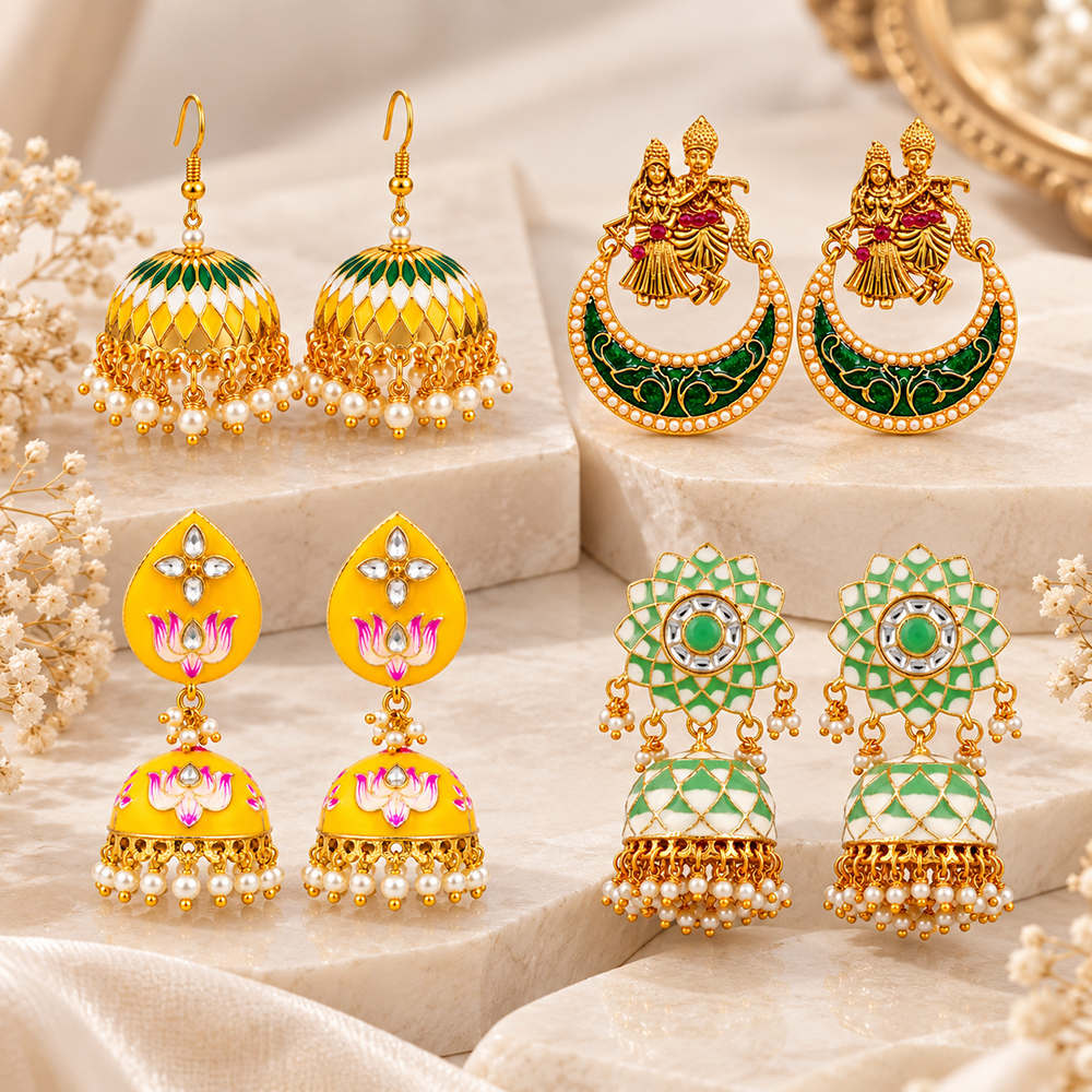 The99Jewel Traditional Gold Plated Earrings Combo Pack of 4 | Wedding & Party Wear Earrings