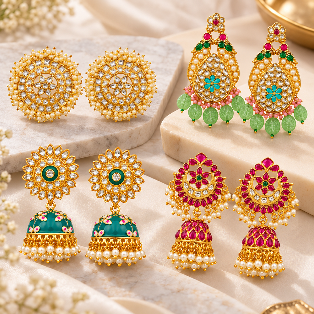 The99Jewel Traditional Gold Plated Earrings Combo Pack of 4 | Wedding & Party Wear Earrings