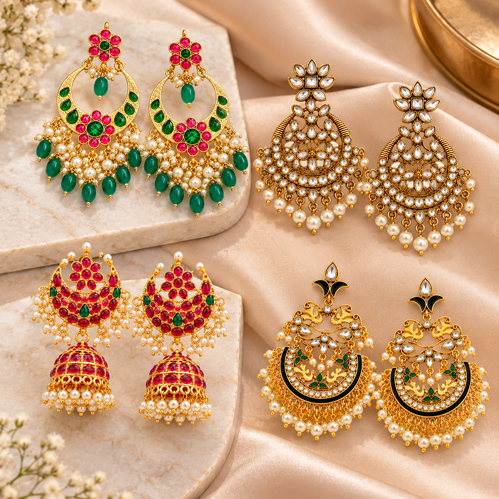 The99Jewel Traditional Gold Plated Earrings Combo Pack of 4 | Wedding & Party Wear Earrings